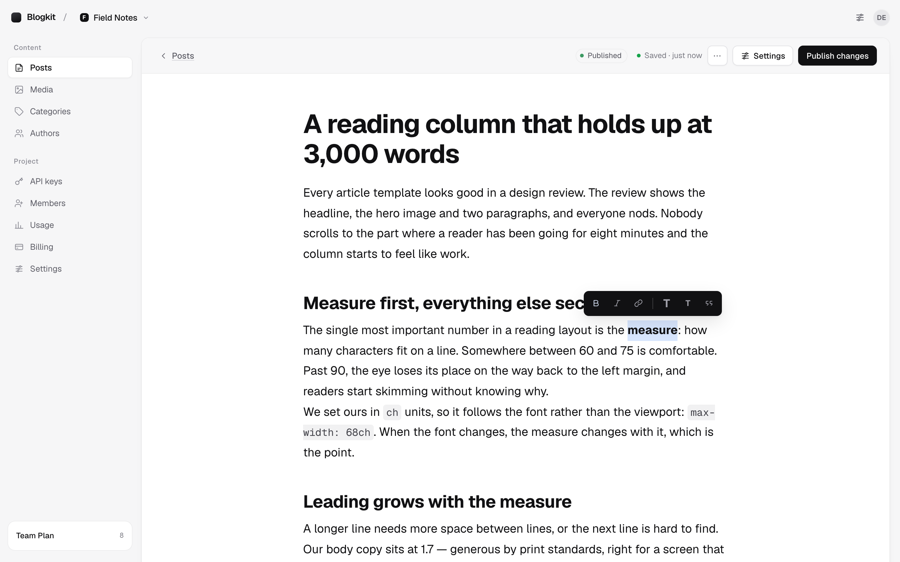 The Blogkit editor, with the formatting bubble over a selected word