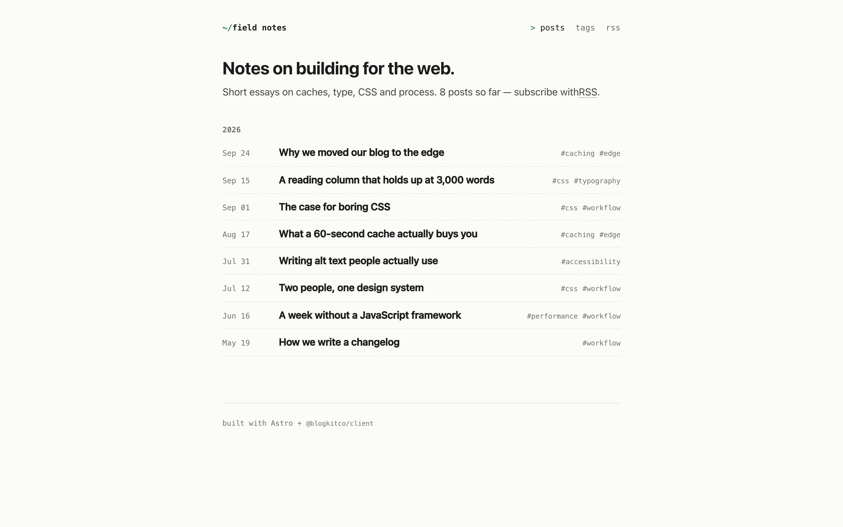 A minimal notebook-style blog built with Astro and Blogkit